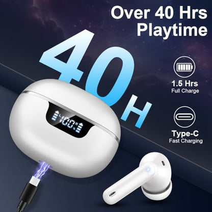 Wireless Earbuds, Bluetooth 5.4 Headphones, Bluetooth In Ear Buds Earphones | 50H Playtime LED, Stereo Bass, 4 Noise Cancelling Mics, IP7 Waterproof Sports, USB C Charging White Ear Buds for Android iOS - color: Purle White