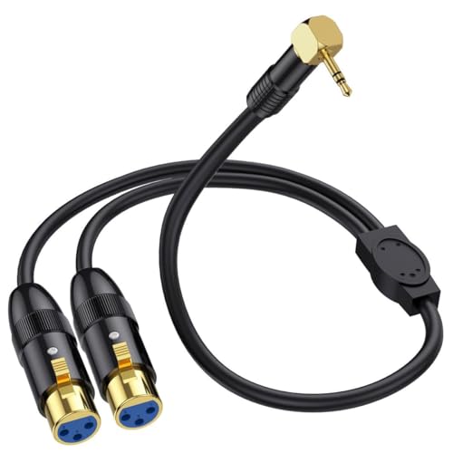 90Deg 3.5mm Mini Jack Stereo Male to 2 XLR Female Microphone Connector 0.5m | Right Angle XLR to 3.5mm Y Splitter Cable, 1/8 inch TRS to Dual XLR Female Cord for Laptop, Camera, Sound, DV - size: 50 cm