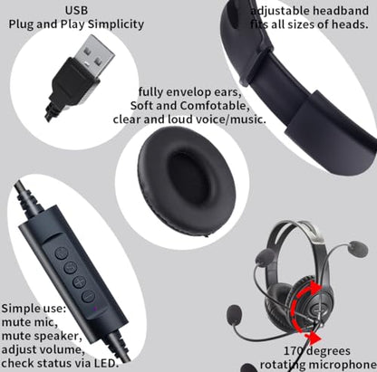 USB Headset with Mic, Computer Wired Headphones with Microphone for PC, Laptop (Black - Full Ear Cups) - color: black - full ear cups