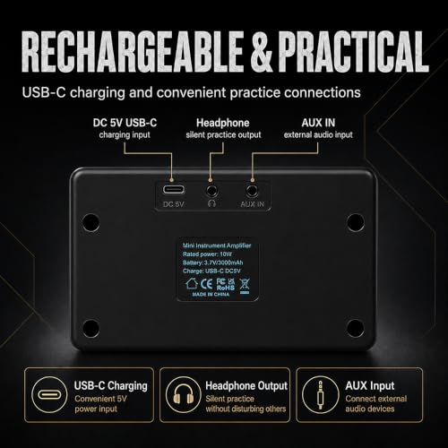 EROK BA-10B Mini Bass Amp, 10W Electric Bass Amplifier with Bluetooth 5.1 | Rechargeable 3000mAh Battery, Clean/Drive Modes, Headphone Output, AUX Input, Compact Practice Design