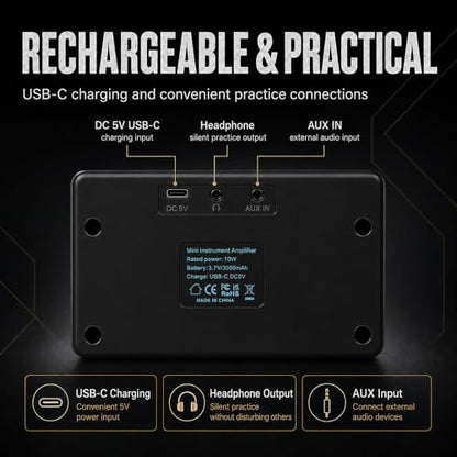 EROK BA-10B Mini Bass Amp, 10W Electric Bass Amplifier with Bluetooth 5.1 | Rechargeable 3000mAh Battery, Clean/Drive Modes, Headphone Output, AUX Input, Compact Practice Design