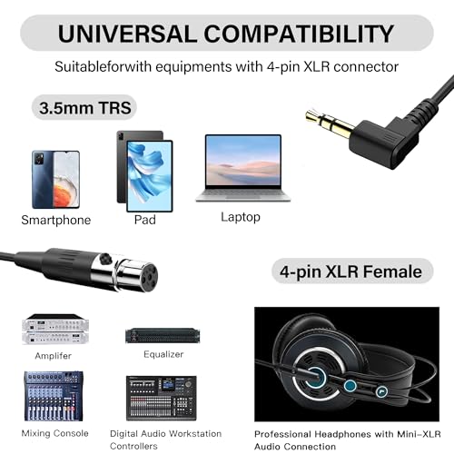 Mini XLR to 3.5mm Stereo Audio Cable Right Angle 1/8" TRS Plug to 4-pin Mini XLR Female Microphone Cable Coiled Mini XLR to 3.5mm Cable for DSLR Cameras,Microphones 1.64Ft (4-pin Mini XLR) - style: 4-pin Mini XLR