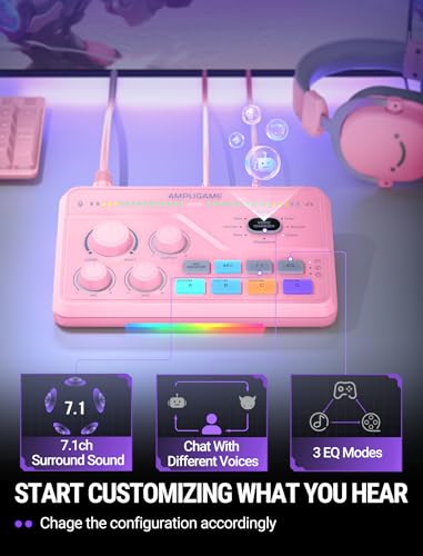 FIFINE SC8P USB Audio Mixer for Game Chat with 7.1ch Surround sound | For PC,RGB,Headphone Preamp,Mute Button,Volume Control,Optical Input,48V Phantom Power,3 EQ Modes,Game Chat Balacnce Pink