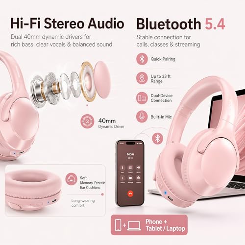 MIDOLA Bluetooth Headphones Over Ear 68H Playtime 6 EQ Wireless Headset with Microphone HiFi Stereo Foldable Lightweight Deep Bass for Travel Home Office Cellphone Pink | Adjustable Headband Foldable Over-Ear Lightweight for Office/Travel/Tablet/iPad/Lapt