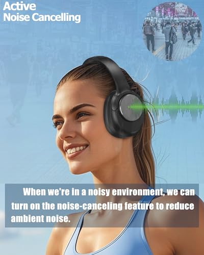 ZXQ Over Ear Hybrid Active Noise Cancelling Bluetooth Wireless Headphones,Deep Bass Hi-Fi Sound,45 Hours Long Playtime ANC Cancellation Headset with Microphone for Travel Workout,Black (Black)