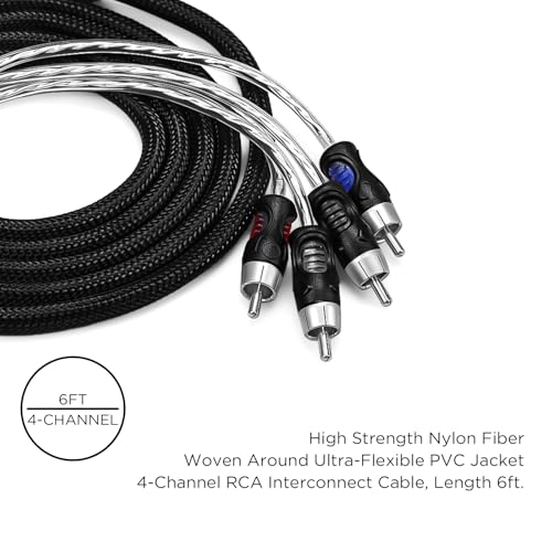 RECOIL PCI46 6ft 4 Channel RCA Audio Interconnects Cable Double Shielded | Premium 100% Oxygen Free Copper with Noise Reduction - size: 6ft