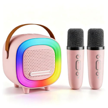 Kids Karaoke Machine Toy Ages 3-12, Mini 2 Wireless Mics Bluetooth Speaker | LED Party Lights, Voice Changer, Duets, BT 5.3, Rechargeable Portable, Christmas Birthday Gifts for Toddler Boys & Girls - color: Pink - 2 Mics