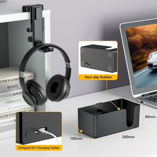 KDD 4 in 1 Desk Cup Holder - Clamp on Under Desk Headphone Hanger - Rotating Headphone Holder Detachable Pen Cup Holder Desktop Storage for Cup, Phone and Pen(Black) - color: Black