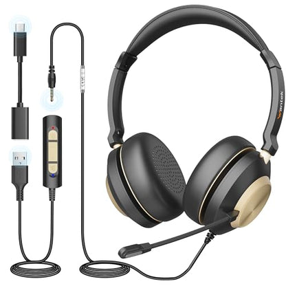 Wantek USB Headset with Microphone, Type-c/USB/3.5mm Jack 3-in-1 PC Headset, Wired & Noise Cancelling Headphone with Volume Control for Call Centers, Skype, Zoom, Home Office, 0nline Courses - style: 882usb