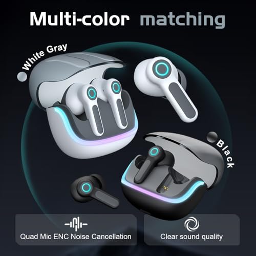 G07 Wireless Earbuds with RGB LED Light Gaming Earbuds with 40ms Low Latency Dual Game and Music Mode Earphones Wireless Headphones with 50 Hours Worktime IPX5 Waterproof (White Gray) - color: white gray
