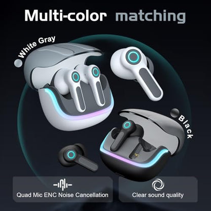 G07 Wireless Earbuds with RGB LED Light Gaming Earbuds with 40ms Low Latency Dual Game and Music Mode Earphones Wireless Headphones with 50 Hours Worktime IPX5 Waterproof (White Gray) - color: white gray