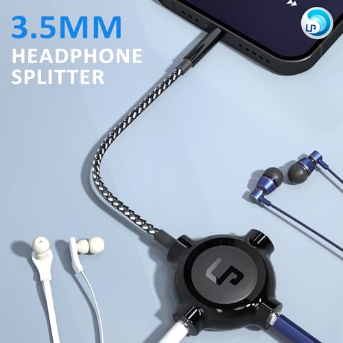 LP Headphone Splitter, Nylon-Braided 3.5mm Audio Stereo Splitter, Male to 3 Female Ports for MacBook, Mac, iPad, iPhone(≤6), iPod, Tablet, Laptop, PC, Earphone, Kindle, MP3 Player, Speaker & More