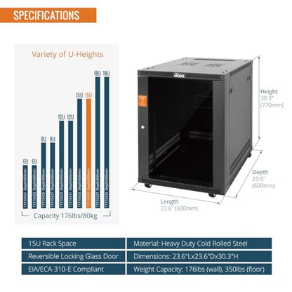 Tecmojo 15U Wall Mount Rack,15U Rack 23.6 Inch Depth,Hold Up to 176 Lbs,Enclosed Wall Mount Rack with 2 Colling Fans,for 19 Inch Network,Server and AV Gear,Glass Door(Elite Collection) - size: 15U/23.6in Depth/Glass Door
