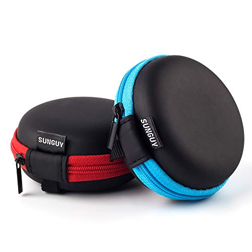 SUNGUY [2-Pack Earbuds Case, Small Round Pocket Earbud Travel Carrying Case Pouch with Carabiners for Earbuds, Headsets, in-Ear Headphones, Hearing Aids, USB Cable and More (Red + Blue) - color: Red+Blue