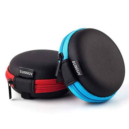 SUNGUY [2-Pack Earbuds Case, Small Round Pocket Earbud Travel Carrying Case Pouch with Carabiners for Earbuds, Headsets, in-Ear Headphones, Hearing Aids, USB Cable and More (Red + Blue) - color: Red+Blue