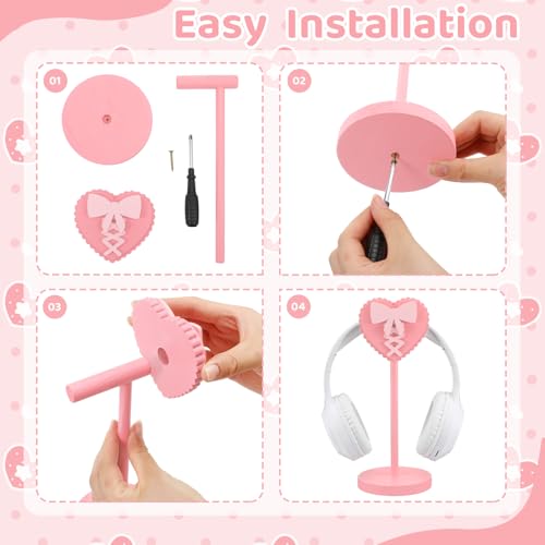 Kingdder Pink Heart Bow Headphone Stand Cute Wood Headphone Stand Holder | Decorative Desk Accessory for Gamer Room Office, Adorable Headphone Organizer, Gift for Young Women Teacher Girlfriend - style: Heart Bow