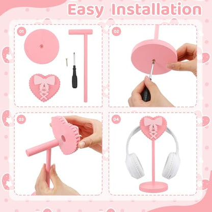 Kingdder Pink Heart Bow Headphone Stand Cute Wood Headphone Stand Holder | Decorative Desk Accessory for Gamer Room Office, Adorable Headphone Organizer, Gift for Young Women Teacher Girlfriend - style: Heart Bow