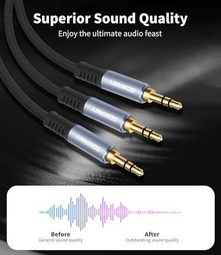 6.6FT 3.5mm Male to Dual 3.5mm Male Y-Splitter Cable, Gold-Plated TRS 2-Way Adapter for Headphones, Smartphone, Laptop, and in-Flight Entertainment