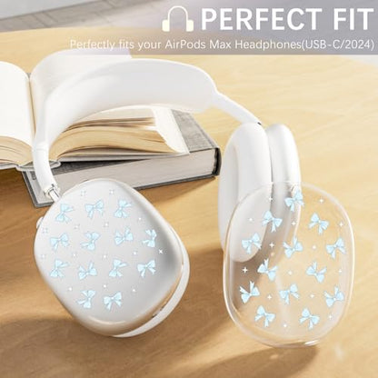 Silicone Case Cover for AirPods Max Headphones, Clear Blue Bows Soft TPU Ear Cups Cover/Ear Pad Case Cover/Headband Cover for AirPods Max (2024/2020) - color: Blue Bow_B/Clear