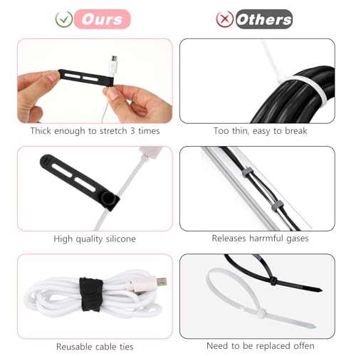 Molain Reusable Cable Ties, 20Pcs Adjustable Silicone Multifunctional Cable Straps Wire Organizer for Charging Cords Earphone Computer Wire Desk Cable Management Travel Accessories(Black+White)