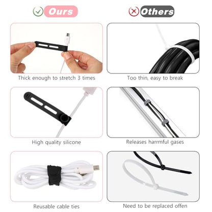 Molain Reusable Cable Ties, 20Pcs Adjustable Silicone Multifunctional Cable Straps Wire Organizer for Charging Cords Earphone Computer Wire Desk Cable Management Travel Accessories(Black+White)