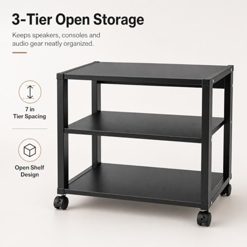 3-Tier AV Media Stand, Audio-Video Media Stand with Wheels, Corner Shelf for Record Player Audio Rack Tower for Speakers & Multimedia Equipment