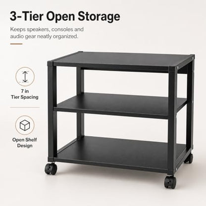3-Tier AV Media Stand, Audio-Video Media Stand with Wheels, Corner Shelf for Record Player Audio Rack Tower for Speakers & Multimedia Equipment