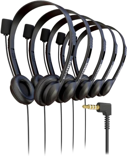 5 Pack Bulk Wired On-Ear Leather Headsets with Boom Microphone and 3.5mm Connector, Black