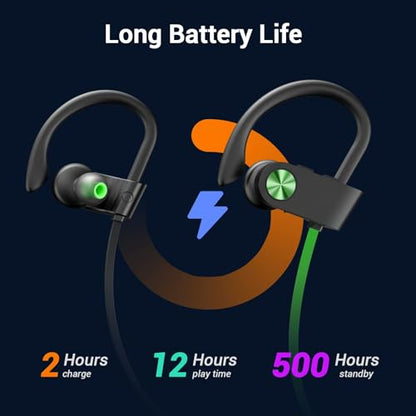 Bluetooth 5.3 Headphones, Wireless Sports In-Ear Earbuds IPX7 Waterproof | 16 Hours Playtime, Sweatproof Stereo Earphones with MIC, Noise Cancelling Headsets for Gym Running Workout, Clear Sound - color: Green