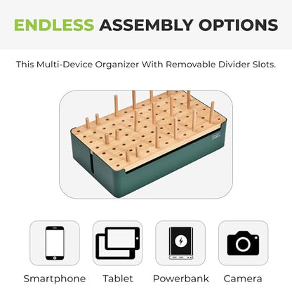 Prosumer's Choice Bamboo Charging Station - Multi Charger Station Organizer - Desk Docking Station for Phones, Tablets, Laptop - Wooden Charging Station with Removable Dividers - Cables Not Included - color: Metal & Bamboo Green