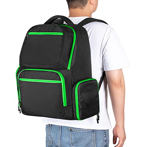 Trunab Backpack Compatible with Xbox Series X/S, Carry Case with Divider | Game Storage Bag Fits 15.6" Laptop, Controller & Cables, Padded Pockets for Gaming Accessories - color: Green Zip