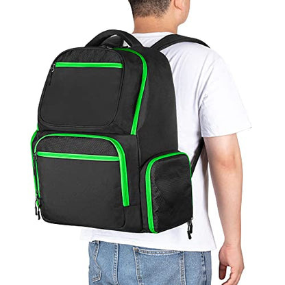 Trunab Backpack Compatible with Xbox Series X/S, Carry Case with Divider | Game Storage Bag Fits 15.6" Laptop, Controller & Cables, Padded Pockets for Gaming Accessories - color: Green Zip