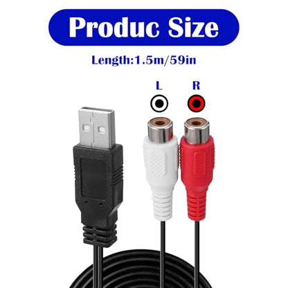 1.5M USB to 2 RCA Adapter, USBs Male to 2 RCA Female Audio Cable Converter 2RCAs Left Right Audio Channel Cable for Have Signal Conversion Function TV Pc DVD Digital Cameras