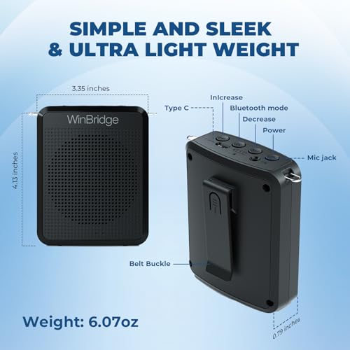 WinBridge Wireless Voice Amplifier with Headset Mic, 15W Mini PA System | Power-On Auto Sync,Dual Music + Voice Playback,Ideal for Teaching,Fitness, Tours & Public Speaking, Ultra-lightweight, WB008U