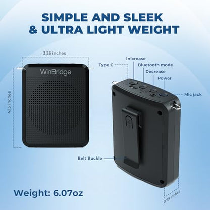 WinBridge Wireless Voice Amplifier with Headset Mic, 15W Mini PA System | Power-On Auto Sync,Dual Music + Voice Playback,Ideal for Teaching,Fitness, Tours & Public Speaking, Ultra-lightweight, WB008U