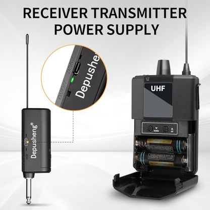 Depusheng UHF Wireless Microphone Headset System -Wireless Headset Mic System, with Lavalier Lapel Mics,200ft Range, 1/8'' and 1/4'' Plug for Recording PA Speaker,Conference