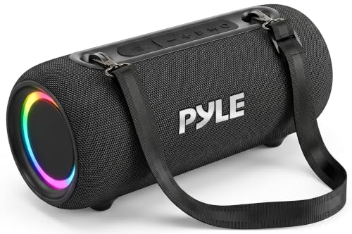Pyle Portable Bluetooth Speaker - RGB LED, IPX5 Waterproof, TWS Stereo Pairing, USB/AUX/FM, Built-in Mic, USB-C Charging, 7H Battery, Shoulder Strap - Party, Outdoor, Travel, Home - PBTPSP25BK