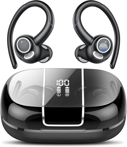 Wireless Earbuds Bluetooth 5.3 Headphones Sports, Bluetooth Earbuds with ENC Mic, Stereo Bass Over Ear Bud with Earhooks, LED Display, IP7 Waterproof Earphon for Workout