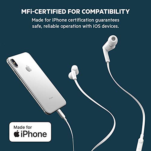 Belkin Wired Earbuds with Lightning Connector, Built-in Mic | In-ear headphones, tangle-free cable, inline remote, volume and track controls, water resistant, iPhone, iPad - color: White, size: One Size, style: LTG