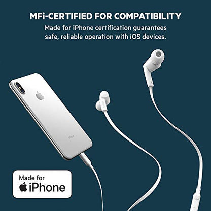 Belkin Wired Earbuds with Lightning Connector, Built-in Mic | In-ear headphones, tangle-free cable, inline remote, volume and track controls, water resistant, iPhone, iPad - color: White, size: One Size, style: LTG