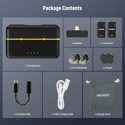 NEEWER KM15 Wireless Lavalier Microphone System Compatible with iPhone Android Phone PC Computer, Mini USB C Noise Cancelling Lapel Mic, 300m Range 48KHz/24Bit 9H Battery for Video Recording Streaming