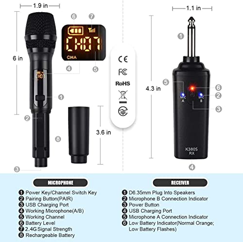 Wireless Microphone, K380S Dual Cordless Metal Dynamic Mic System with Rechargeable Receiver, for Karaoke Singing, Wedding, Party, Speech, Church, Meeting
