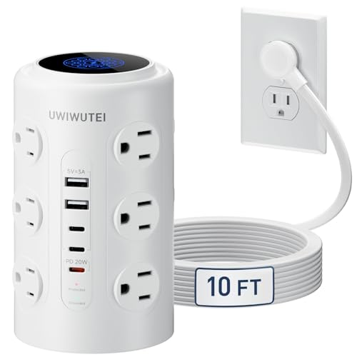 Tower Power Strip with 1 Dedicated PD 20W Fast-Charging Port, 12 Outlets, 5 USB Ports (3 USB-C), Desk Charging Station for Multiple Devices,10FT Extension Cord, Home Office Essentials - color: White, size: 10FT
