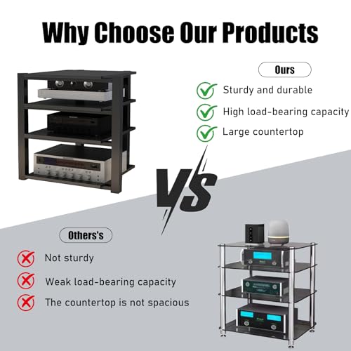 Heavy Duty Audio Rack Tower, Av Media Player Stand with Wooden Shelves, Black Cd Stereo Equipment Cabinet, Suitable for Home,Office/Audio Video/Theate (Black, 4 Tier) - size: 4 Tier