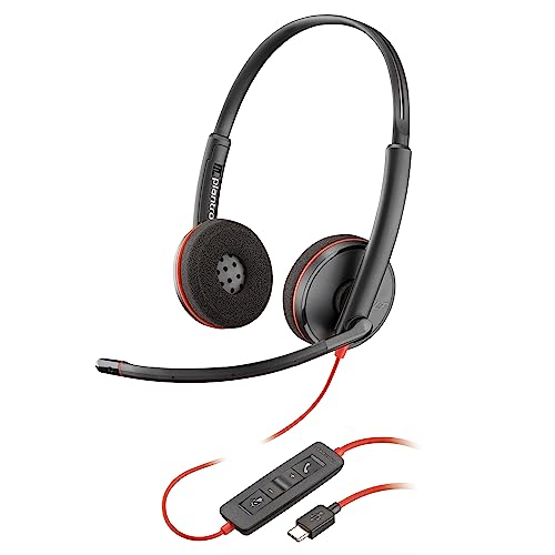 Poly Blackwire 3220 Wired Headset with Mic, Hi-Fi Stereo Sound, Noise-Canceling Mic, Stereo Design, Connect to PC via USB-C & USB-A Adapter, Over-Ear Design, Works with Virtual Meeting Platforms - style: 2023 Version (USB-C & USB-A)