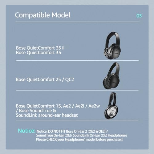 Fabric Comfort Replacement Ear Pads for Bose QuietComfort 35 / QC35 II – Fits QC45 QC25 QC15 QC2 AE2 AE2i AE2w SoundLink & SoundTrue (S3 Style) - color: N8 Black & Blue