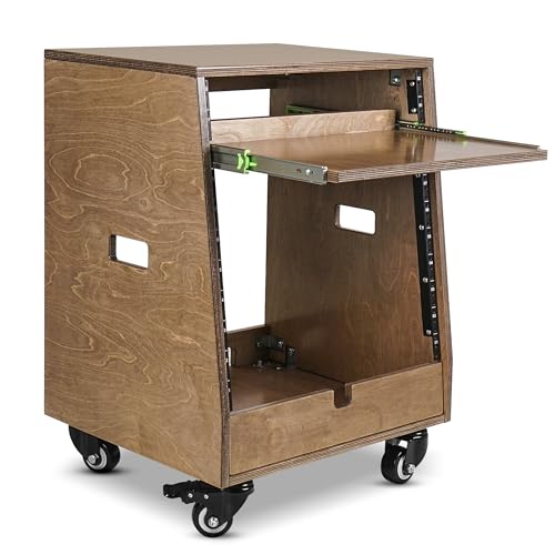 Sound Town DIY Slanted 10U Studio Rack (2U Top + 8U Lower), with 2U Bottom Storage, Slide-Out Tray, Caster, Plywood, Weathered Brown for Recording Room, Home Studio (SDRK-ST10TB) - size: 10U(2U Top + 8U Lower),Weathered Brown