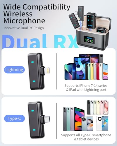 Wireless Lavalier Microphone for iPhone Android, mini Bluetooth mic | Mic with Smart Noise Reduction, Reverb Effect, 30H+ Battery Life for Vlog, YouTube, TikTok, Podcast, Recording and Streaming - size: 2T2R Black Mic for iOS/Android