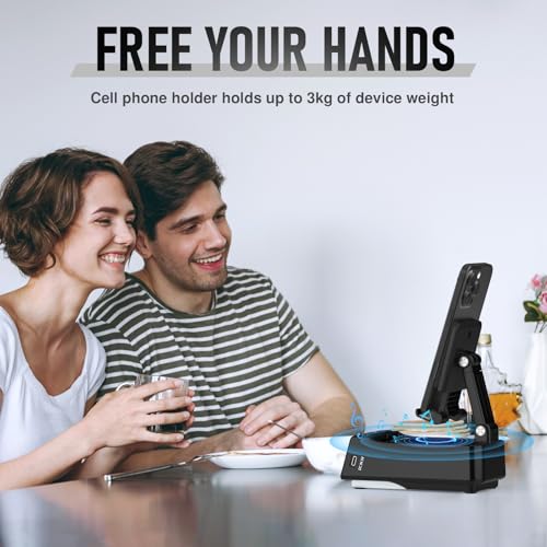Cell Phone Stand with Wireless Bluetooth Speaker, HD Stereo Sound, Foldable - color: Dark