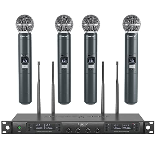 Phenyx Pro 4 Channel UHF Auto Scan Wireless Microphone System PTU-7000-4H | 4 x 40 Frequencies, 328 ft Range, 4 Handheld Dynamic Microphone for Singing, Church, Karaoke, Wedding, Public speaking, DJ